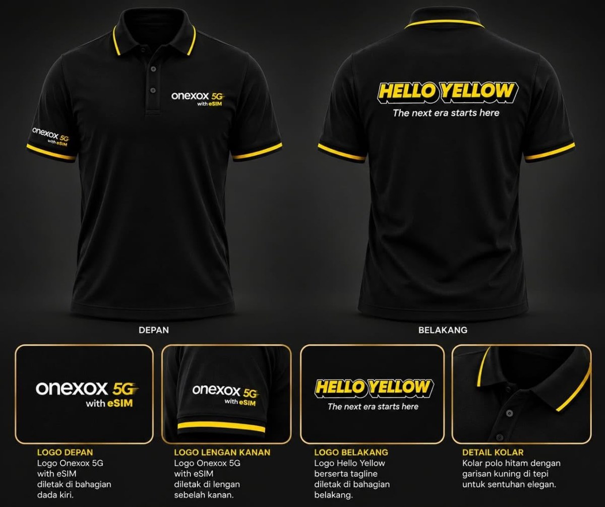 Baju polo ONEXOX Hello Yellow warna hitam, depan dan belakang