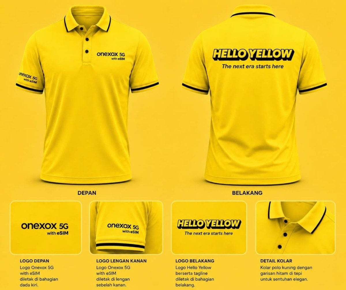 Baju polo ONEXOX Hello Yellow warna kuning, depan dan belakang